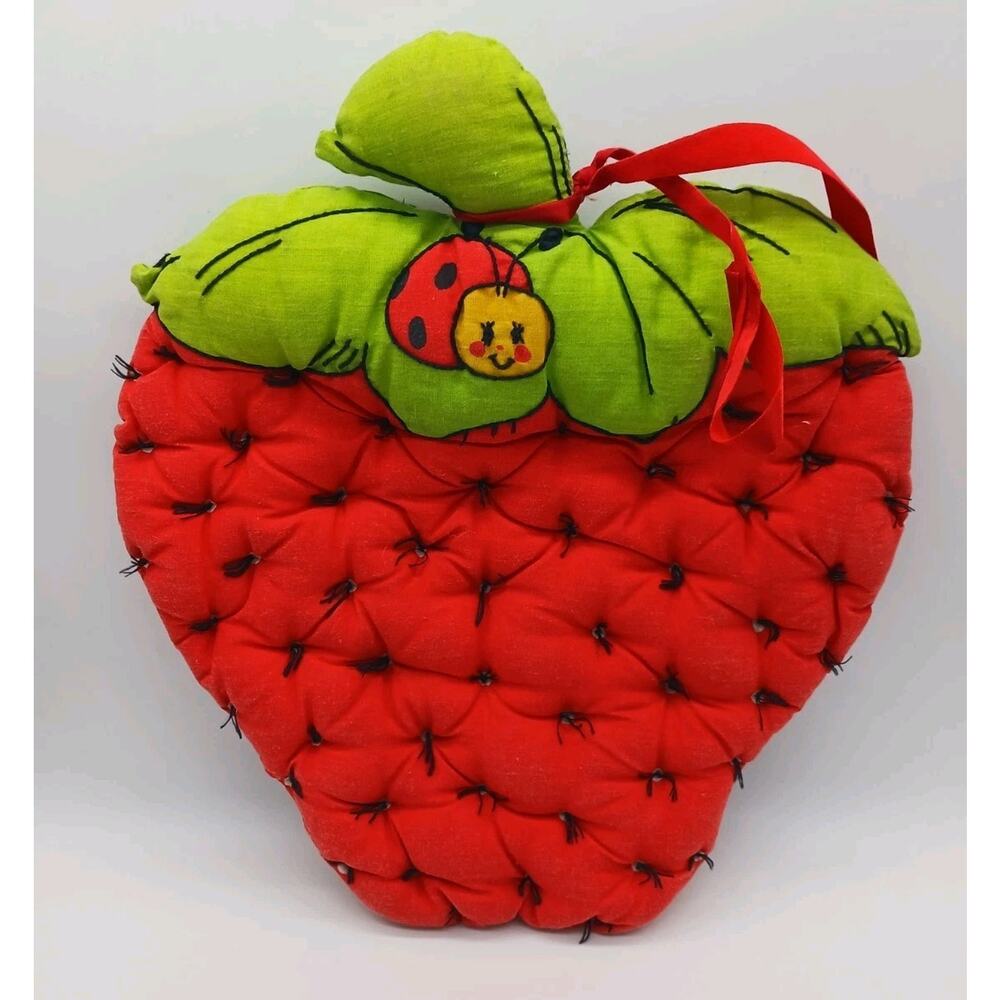 Vintage Handmade Plush Strawberry & Ladybug Figural Pillow Retro Child's